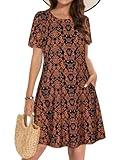 Dresses for Women Short Sleeve Fashion Tunic Dress Summer Swing Pockets Tshirt Dress (Black Orange Floral, 2XL1)