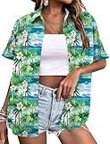 LOMON Summer Hawaiian Button Up Shirts for Women Floral Short Sleeve Blouses Vacation Outfits 2025 Green Holiday M
