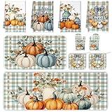 Fourluoo 10 Pcs Fall Pumpkin Oven Mitts and Pot Holders Set Pumpkin Dish Towels Kitchen Rug and Mats Fall Kitchen Decor for Autumn Thanksgiving Chef Baking Cooking Grilling BBQ Women Mom Daughter Gift