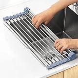 MECHEER Over The Sink Dish Drying Rack, Roll Up Dish Drying Rack Kitchen Dish Rack Stainless Steel Sink Drying Rack, Foldable Dish Drainer, Gray