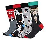 Men's 4 Packs Cat Socks Gift Fun Crazy Novelty Dress Crew Socks (Music Guitar Dancing Cat)