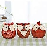 WOMHOPE® Set of 3 pcs - Small Wise Owls Figurine House Warming Gift Tabletop Shelf Ceramic Home Decorative Collectible Figurine Statues (Red (Set of 3 pcs))