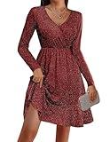 Zeagoo Cocktail Dress Wrap V Neck Long Sleeve Ruffle Hem Swing Club Cocktail Christmas New Year Eve Party Mini Sparkle Dress Wine Red