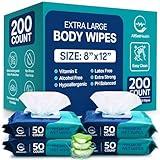Body Wipes for Adults Bathing No Rinse - Adult Wipes for Elderly 8" x 12" (200 count) Shower Wipes for Adults No Rinse, Incontinence Disposable Washcloths, Aloe Vera, Vitamin E +4 Indivdual Wipes