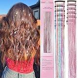 Hair Tinsel 12 Pcs Clip in Hair Tinsel Kit for Girls 22 Inch Glitter Fairy Tinsel Hair Extensions Colorful Heat Resistant Party Festival Accessories for Women Kids (pink/multicolor)