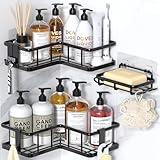 YASONIC Corner Shower Caddy Organizer, 3-Pack Self-Adhesive Rustproof Bath Shelves with Soap Holder & 4 Hooks, Large Capacity Shower Storage Rack for Bathroom Organization, Black