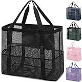 Fammart Mesh Beach Bag, Large Beach Tote with Zipper Pocket for Family Pool Bag for Toys & Vacation Essentials