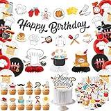 Chef Party Decorations, Cook Birthday Decoration Includes chef HAPPY BIRTHDAY Banners, Cake Toppers, Honeycomb Centerpieces, Stickers, and Balloons for Cook Cooking Kitchenware Supplies