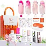 Modelones Summer Gel Nail Polish Kit with U V Light, White Jelly Glitter Hot Pink Neon Pastel Manicure Set, Flower Stickers Base Top Coat 4 Colors Gel Mini Salon Nail Art Tools Starter Gift for Women