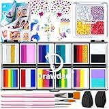 Drawdart Professional Face Painting Kit for Kids Adults, Rainbow Split Cake Face Paint Palette 12 x 10gm+ 4 Colors Pro Pressed Glitter Eyeshadow Palette, with Brushes Sponges Gems Stencils