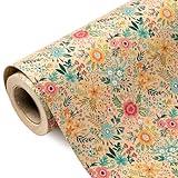 WRAPAHOLIC Kraft Floral Wrapping Paper Roll - Mini Roll - 17 Inch x 9.8 Feet - Spring Summer Garden Flower Design Perfect for Wedding, Bridal Shower, Birthday