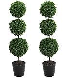 Admired By Nature 24 Inch Artificial Boxwood Topiary Plants - 3 Ball-Shape Faux Topiaries with Planters for Home Decor, Office Desk, Front Porch Indoor and Outdoor - Green with Black Pot, 2 Pack