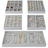 Fixwal Jewelry Organizers and Storage, 14in Stackable Jewelry Drawer Organizer, Set of 5 Jewelry Trays with Removable Dividers, Multi-Layer Tray for Earrings Necklaces Bracelets Watches, Grey