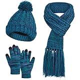 MissShorthair Women's Beanie Hat 3 in 1 Warm Long Scarf Touchscreen Glove Set of 3 Winter Thick Chunky Knitted Pom Pom Cap(Blue purple)