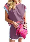 SHEWIN Two 2 Piece Lounge Sets for Women Summer Casual Short Sleeve Tops Matching Shorts Loose fit Loungewear Tracksuit Set Womens Clothing Purple S
