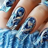 24Pcs Gold Curve Line Press on Nails Sea Acrylic Fake Nail Glossy Blue Gradient Medium Square False Nails Love Heart Stick on Fingernails Seaweed Gel Glue on Nail for Coquette Women Girls