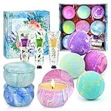 Bath Bombs for Women Gift Set，4 Enriched Bath Bombs + 3 Soy Candles + 3 Luxe Hand Creams | Ultimate Spa Night In Gift Set, Recharge Rituals for Her, Self-Care Box for Moms Wives Besties