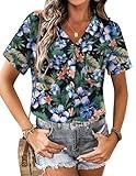 Zeagoo Boho Shirts for Women Short Sleeve Tops Button Down Shirts Patterned Beach Cotton Blouses Boho Floral Navy