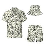 Men's 2 Piece Tracksuit Hawaiian Shirt Shorts Button Down Cuban Neck Shirt and Tropical Beach Shorts Sets with Bucket Hats Money Dollars 3XL