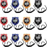 TOODOO 12 Pack Multi Function Digital Stopwatch Timer Bulk Sports Stopwatch with Lanyard Plastic Display Waterproof Date Time Alarm Timer for Coaches Fitness Referees(Black Blue Red Orange)
