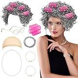 Old Lady Costume Set,Grey Curly Hair with Hair Curler Wig,Wig Cap,Granny Glasses Eyeglasses Chain Strap Faux Pearls Necklace with Bracelet Accessories Fun Set for Halloween Role Play Drama Performance