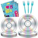 96Pcs 90's Party Paper Plates and Napkins for Retro 90s Theme Birthday Party Supplies 90's Mix CD Themed Paper Dessert Plates I Love The 90s Tableware Set for Men Women 24 Guests Party Decorations