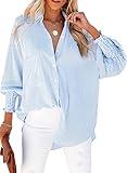 Women's Plus Size Smocked Cuffed Striped Boyfriend Shirt Casual Collar Long Sleeve Blouse Tops for Pocket Shirred Blue