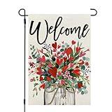 CROWNED BEAUTY Valentines Day Floral Mason Jar Garden Flag 12x18 Inch Double Sided for Outside Welcome Burlap Small Holiday Yard Flag