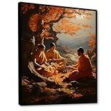 DesignQ Brown Canvas wall art, Hinduism Wall Art, The Wisdom Of Upanishads In Walnut Tones, Hinduism Black Framed Wall art decor, 16x32 inches