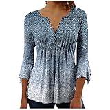 Amazon Deals Today Summer Tops for Women 2024 Trendy Boho Floral Print Tunic Shirts 3/4 Bell Sleeve Button Casual Loose Henley Blouse 3/4 Sleeve Tops for Women Blue XL