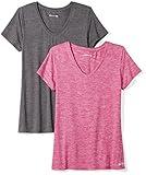 Amazon Essentials Women's Active Quick Dry Tech Stretch Short-Sleeve V-Neck T-Shirt (Available in Plus Size), Pack of 2, Charcoal Heather Space Dye/Raspberry Red Space Dye, X-Large
