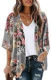 Women's Floral Print Puff Sleeve Kimono Cardigan Loose Cover Up Casual Blouse Tops (Dark Grey, XL)