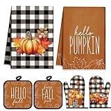 Mindsoft 6 Pcs Fall Kitchen Towels Pot Holders and Oven Mitts Set Including 2 Pumpkin Dish Towels Hand Towels 2 Hello Fall Square Potholders 2 Truck Heat Resistant Gloves for Cooking Baking Gift Home