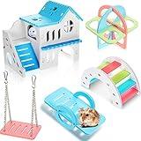 Skylety 5 Pcs Hamster Toys Include Wooden Accessories Hamster House Guinea Pig Hideout Rainbow Bridge Seesaw Swing Exercise Circle Cage Toy for Small Animals(6.3 x 3.93 x 5.5 Inch,Blue)