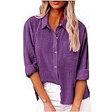 Long Sleeve Button Down Shirts For Women Business Casual Collared Linen Work Office Tops Plus Size Fall Clothes 2023 Womens 3/4 Sleeve Tops And Blouses Purple 2X