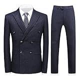 Mens Double Breasted Suit 3 Piece Regular Fit Pinstripe Tuxedo Blazer Jacket Vest Pants Set Wedding Dark Grey Large