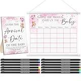 Sintuff Guess The Due Date Baby Shower Game Include 1 Pcs Guess The Arrival Date of The Baby Wooden Sign 1 Pcs Bear Predictions Sign Calendar with 12 Pcs Colored Pens for Game Party Favor(Pink)