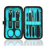 HANTEKAS Manicure Set 9 in 1 Stainless Steel, Nail Clippers Scissors Pedicure Tools Kit - Portable Travel Grooming Kit for Men and Women with Black/Blue Leather Case (Blue)