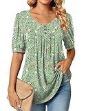 POPYOUNG Women's tunic Loose Fit Dressy Blouse Ladies Elbow Sleeve Tops Wear with Leggings XL, Green flowers