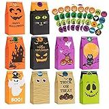 Halloween Treats Bags Party Favors 80 Pcs Kids Halloween Candy Bags for Trick or Treating + 84 Pcs Halloween Stickers, Mini Paper Gift Bags for Treats Snacks, Halloween Goodie Bags Party Supplies