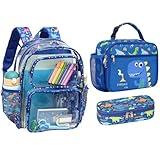 Bagseri 3pcs Clear Backpack for Boys - 15 Inch Backpack and Lunch Bag and Pencil Case Set, Heavy Duty Transparent Bookbag for School, See Through Bag for Kids Aged 3 to 8, Blue Dinosaur