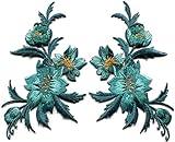 3 x 5.13 inches. Blue Green Teal Flowers Pair Floral Embroidered Appliques Iron-on Patches
