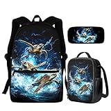 WELLFLYHOM Sea Turtle School Backpack Set for Boys Blue Book Bag with Lunch Box Pencil Case Elementary School Bag Set 3 Pcs for Kids 4-6
