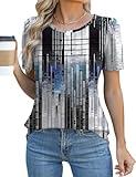Ivicoer Short Sleeve Tops for Women Scooped Neck Pleated Front Business Casual Shirts Print Blouses (Blue Technology, M)