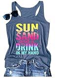 Sun Sand and A Drink in My Hand Tank Tops Womens Summer Beach Graphic Sleeveless T Shirt Cute Country Vacation Tank Cami(Dust Blue,S)