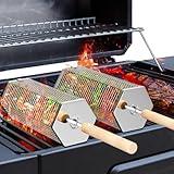 Ivtivfu Rolling Grill Baskets (2PCS, Hexagon), Removable Wooden Handle, 304 Stainless Steel, Nesting Grilling Net, BBQ Accessories Tools for Vegetables Shrimp, Outdoor Cooking Camping, Birthday Gifts for Men Dad Husband