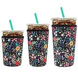 YR Reusable Neoprene Insulator Sleeve for Iced Coffee Cups, 3 Pack Coffee Coolies sleeves for Iced & Hot Drinks, Cold Beverage Cooler Compatible with Starbucks Coffee and More (Little Flower)