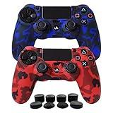 Hikfly Silicone Gel Skin Protector for Sony PS4/PS4 Slim/PS4 Pro Controller (2X Camouflage Cover with 8 x FPS Pro Thumb Grip Caps) (Red,Blue)