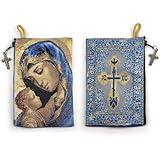 TREE OF LIFE REV. 22:14 Catholic Rosary Pouch, Madonna and Child & IC XC Cross, 4" x 6" Jewelry & Coin Purse with Cross, Small Woven Tapestry Icon Bag, Bolsa de Rosario Católico para Joyería