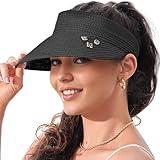 Straw Visor Hats for Women Foldable Womens Beach Sun Hat Wide Brim Roll Up Visors Summer Ponytail Packable Travel Sunhat (Straw, Black)